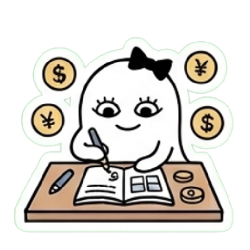 机で帳簿をつけるゆいのイラスト